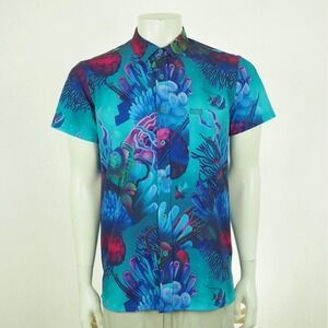 Retro Rifle Nautical Button Down Shirt Mens Medium Blue Underwater Scuba Diver